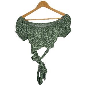 Green floral puff sleeve tie front crop top – cottagecore